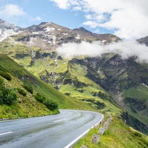 Preview wallpaper road, turn, mountains, relief, clouds, grass