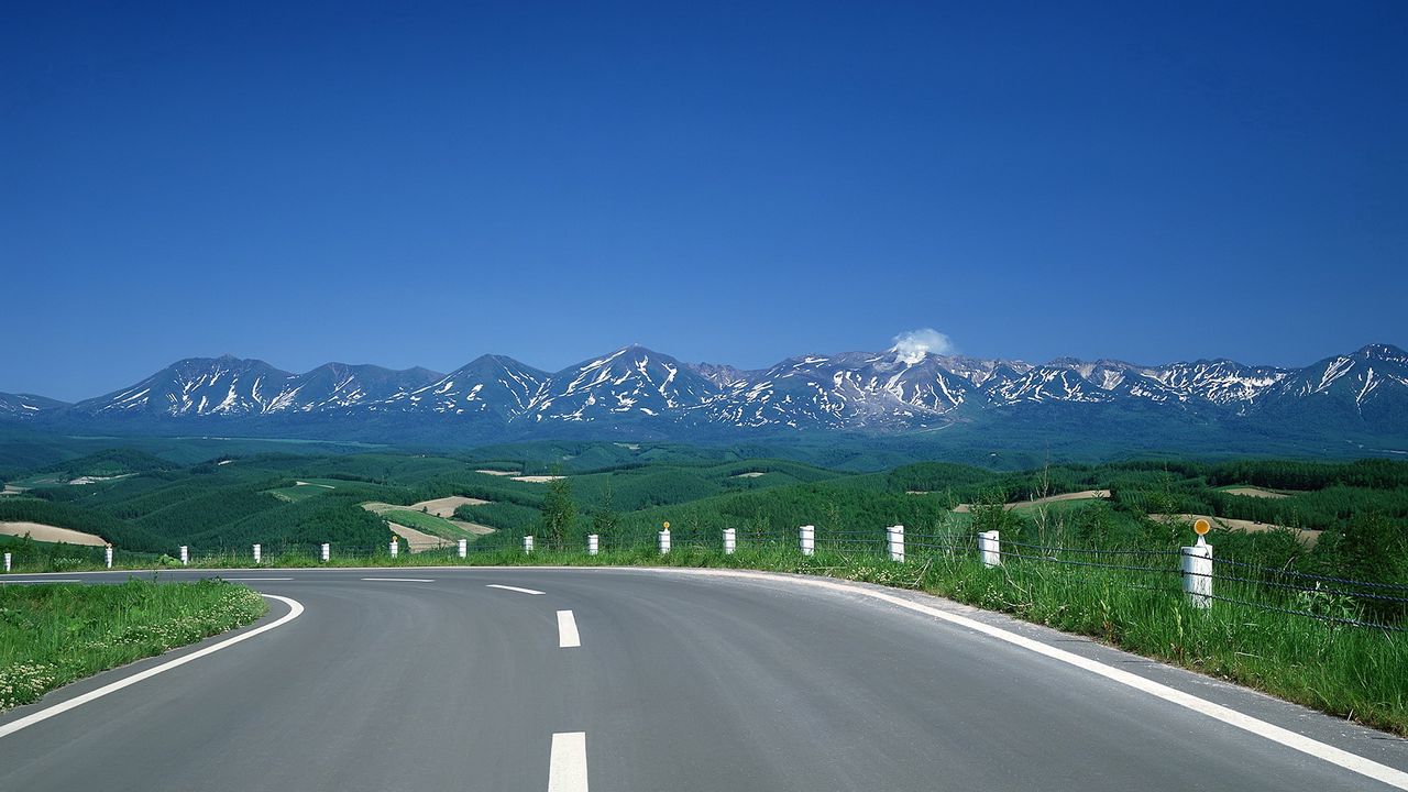 Wallpaper road, turn, mountains, asphalt, tops