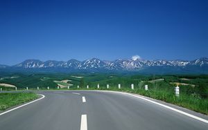 Preview wallpaper road, turn, mountains, asphalt, tops