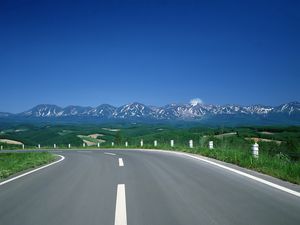 Preview wallpaper road, turn, mountains, asphalt, tops