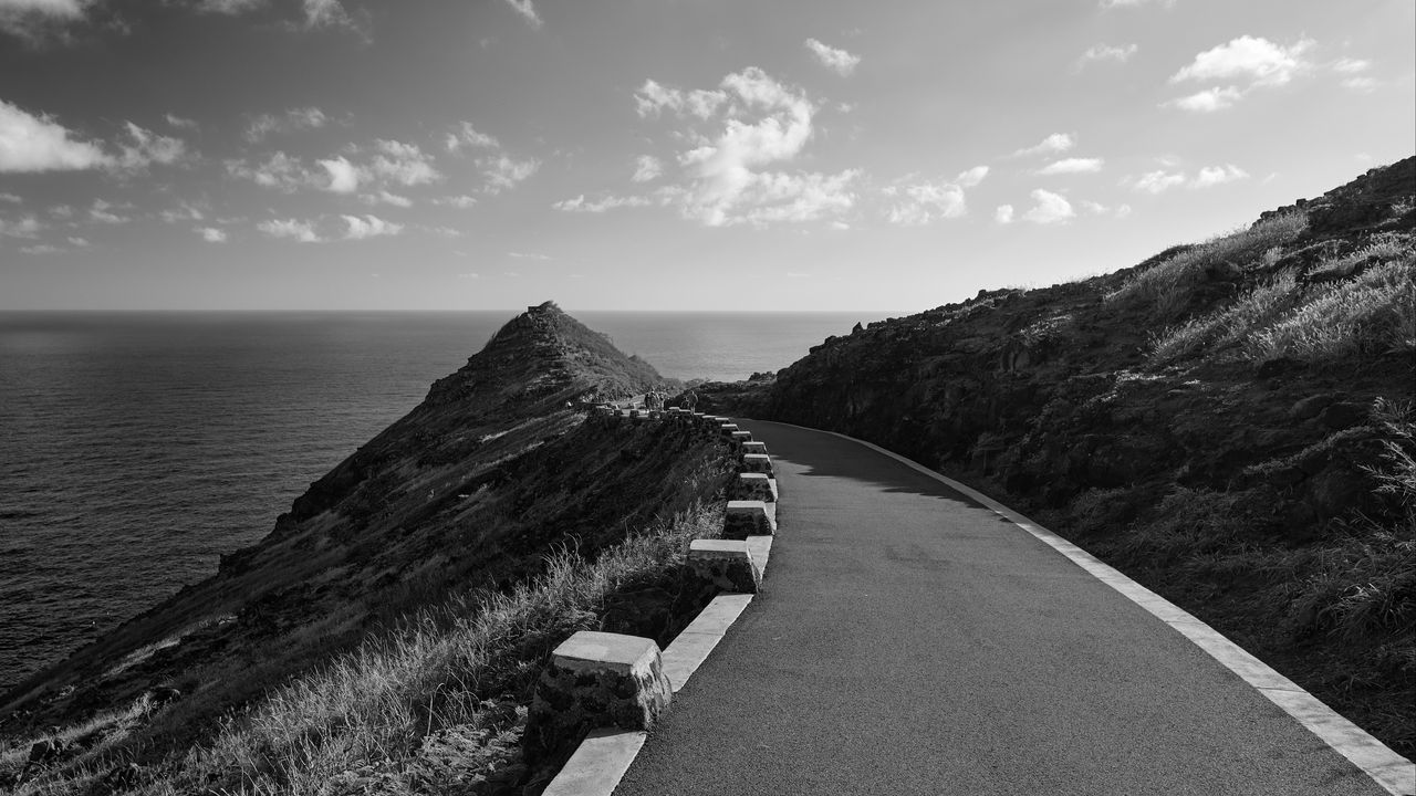 Wallpaper road, turn, rocks, mountains, black and white