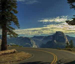 Preview wallpaper road, turn, sky, mountains, landscape