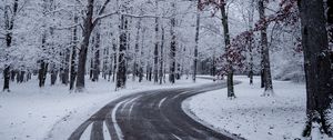 Preview wallpaper road, turn, snow, winter, trees
