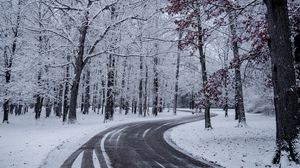 Preview wallpaper road, turn, snow, winter, trees