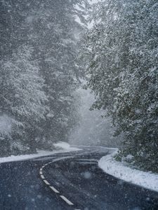 Preview wallpaper road, turn, snow, trees, blizzard, winter