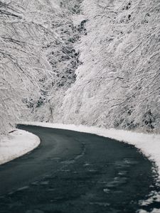Preview wallpaper road, turn, snow, trees, winter