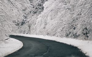 Preview wallpaper road, turn, snow, trees, winter