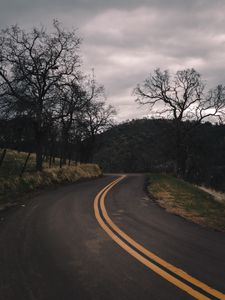 Preview wallpaper road, turn, stripes, trees, hills, nature