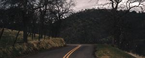 Preview wallpaper road, turn, stripes, trees, hills, nature