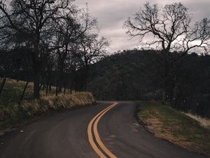 Preview wallpaper road, turn, stripes, trees, hills, nature