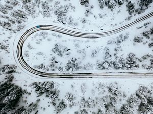 Preview wallpaper road, turn, top view, snow, winter