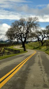 Preview wallpaper road, turn, tree, clouds