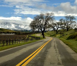 Preview wallpaper road, turn, tree, clouds