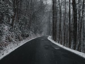 Preview wallpaper road, turn, trees, snow, overcast