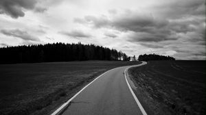 Preview wallpaper road, turn, trees, bw