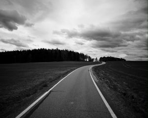 Preview wallpaper road, turn, trees, bw