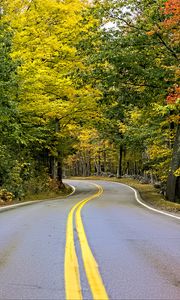 Preview wallpaper road, turn, trees, autumn, stripes