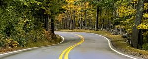 Preview wallpaper road, turn, trees, autumn, stripes