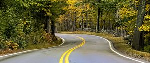 Preview wallpaper road, turn, trees, autumn, stripes