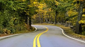 Preview wallpaper road, turn, trees, autumn, stripes