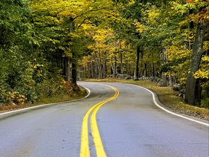 Preview wallpaper road, turn, trees, autumn, stripes