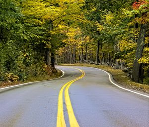 Preview wallpaper road, turn, trees, autumn, stripes