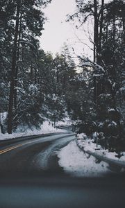 Preview wallpaper road, turn, trees, snow, asphalt