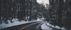 Preview wallpaper road, turn, trees, snow, asphalt
