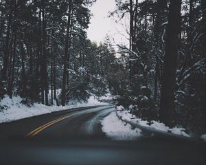 Preview wallpaper road, turn, trees, snow, asphalt