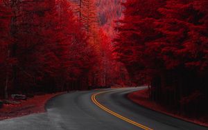 Preview wallpaper road, turn, trees, red, mountain, landscape
