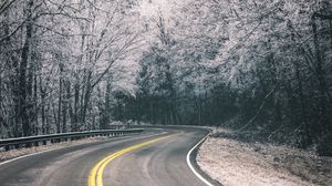 Preview wallpaper road, turn, trees, hoarfrost