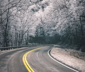 Preview wallpaper road, turn, trees, hoarfrost