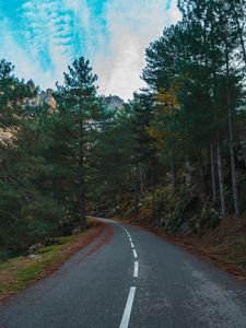 Preview wallpaper road, turn, trees, mountains, slope