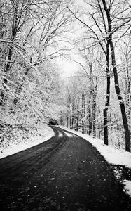 Preview wallpaper road, turn, trees, snow, winter