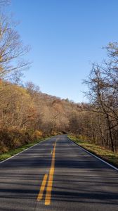 Preview wallpaper road, turn, trees, asphalt