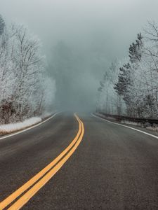 Preview wallpaper road, turn, trees, fog, snow, winter