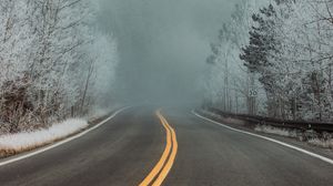 Preview wallpaper road, turn, trees, fog, snow, winter