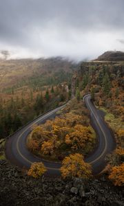 Preview wallpaper road, turn, trees, autumn, landscape, aerial view