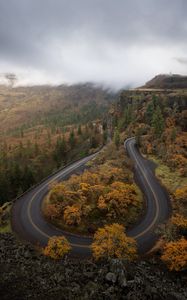 Preview wallpaper road, turn, trees, autumn, landscape, aerial view