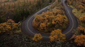 Preview wallpaper road, turn, trees, autumn, landscape, aerial view