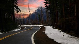 Preview wallpaper road, turn, trees, forest, snow