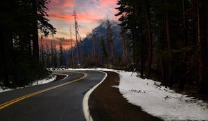 Preview wallpaper road, turn, trees, forest, snow