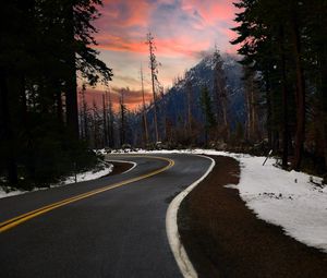 Preview wallpaper road, turn, trees, forest, snow