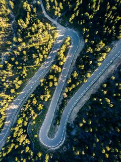 240x320 Wallpaper road, turn, trees, aerial view