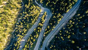 Preview wallpaper road, turn, trees, aerial view