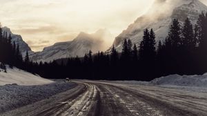 Preview wallpaper road, turn, trees, mountains, nature