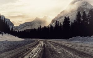 Preview wallpaper road, turn, trees, mountains, nature