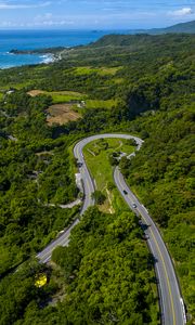Preview wallpaper road, turn, trees, sea, nature