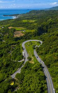 Preview wallpaper road, turn, trees, sea, nature