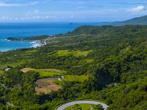 Preview wallpaper road, turn, trees, sea, nature